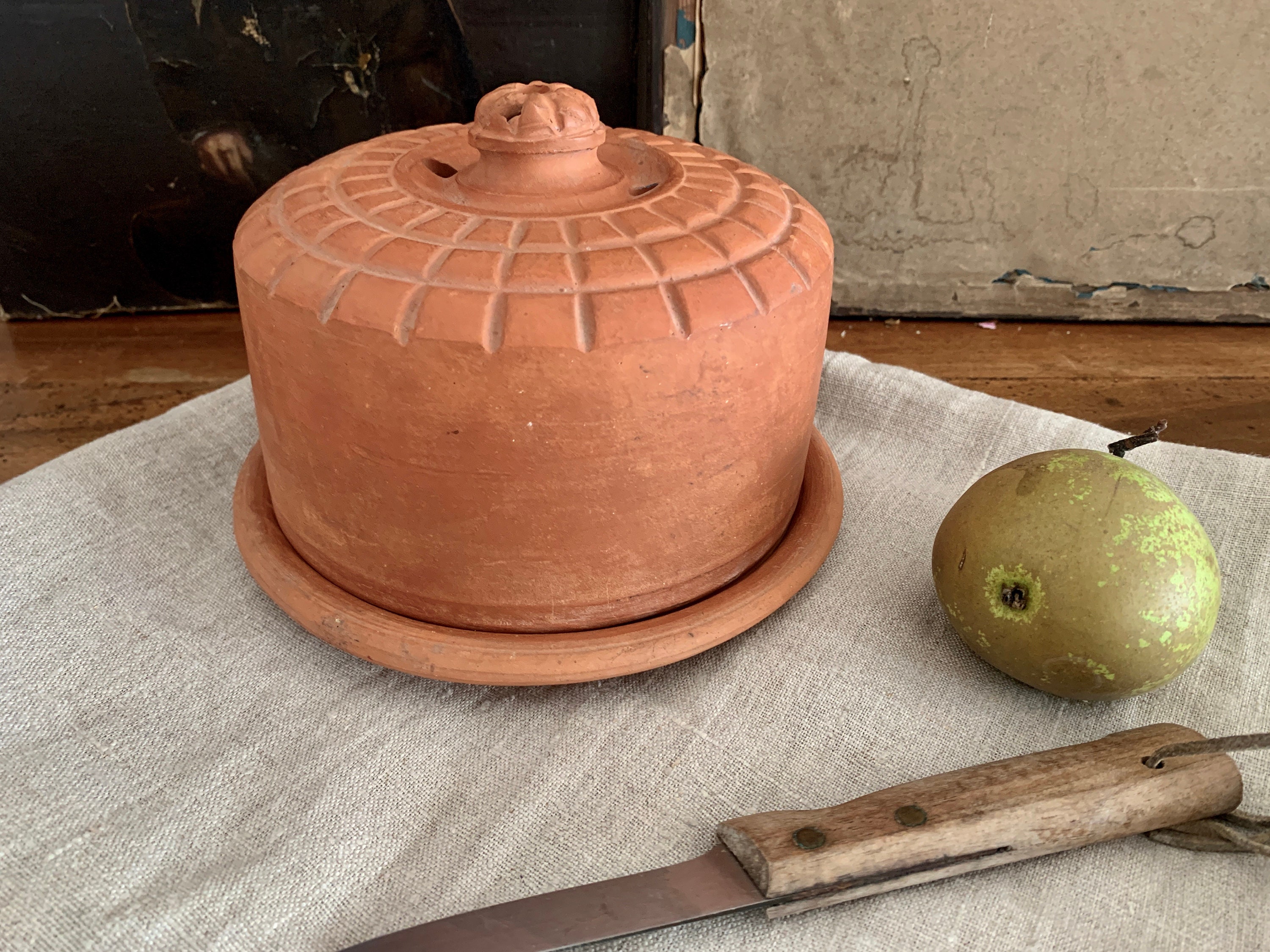 Vintage Français Terracotta Butter Keeper Cheese Dome Cooler Stockage Rustic Crock Pot