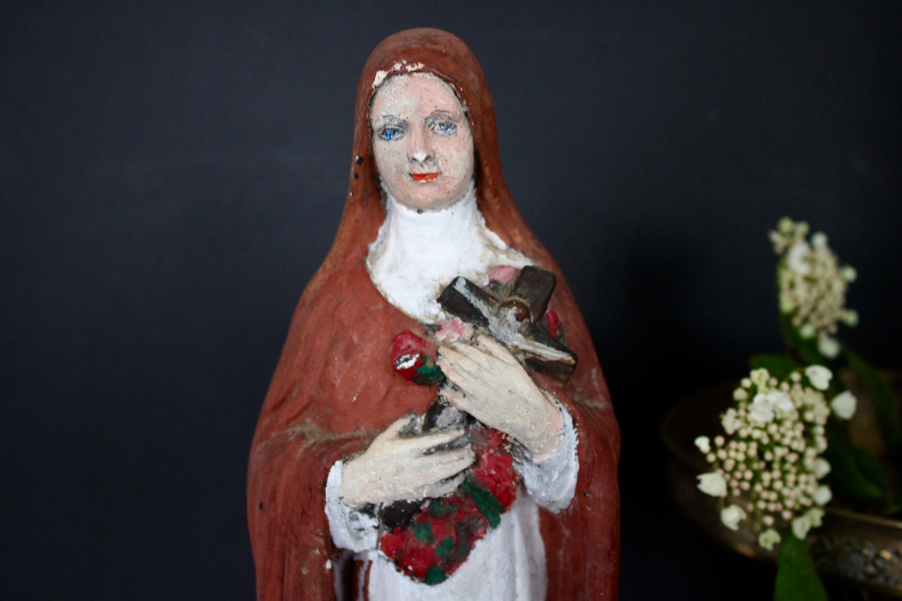 Français Craie Antique Sainte Thérèse de Lisieux Antique Statue Religieuse Polychrome