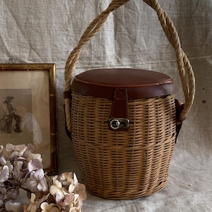 French Vintage Fishing Creel Basket: Round Wicker Storage with Leather Lid