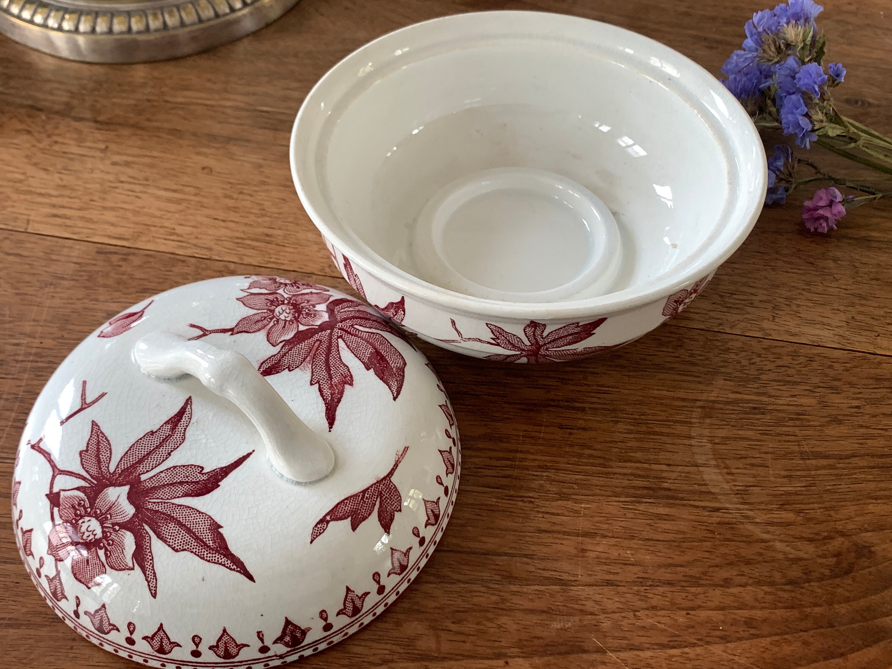 Vintage French Tureen With Lid Red Transferware Antique Bowl Etsy