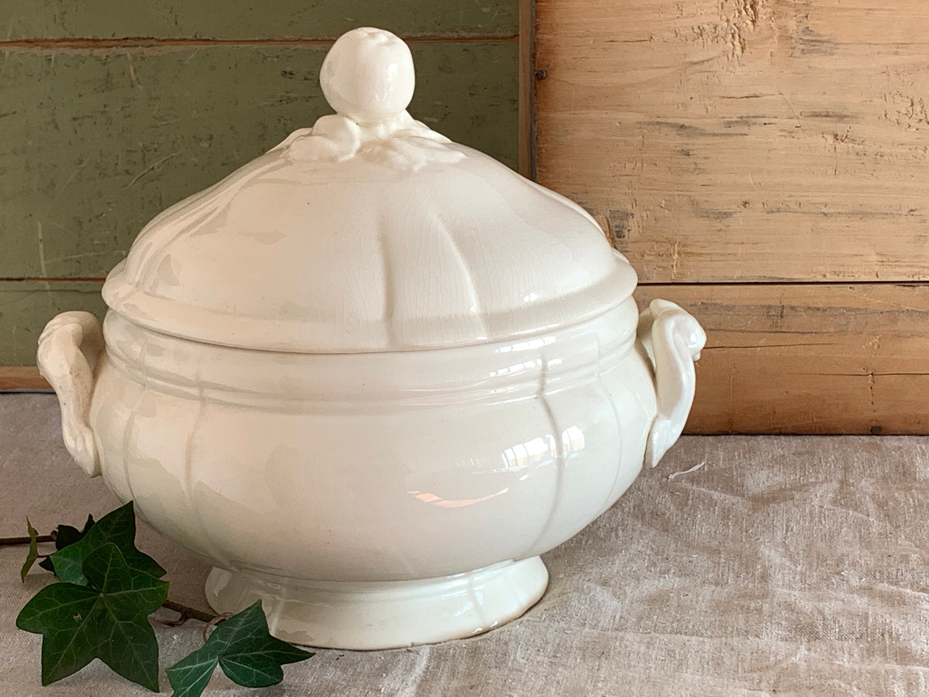 Antique Français Soupe Tureen Sarreguemines White Ironstone Creamware Bowl Country Antique Tureen