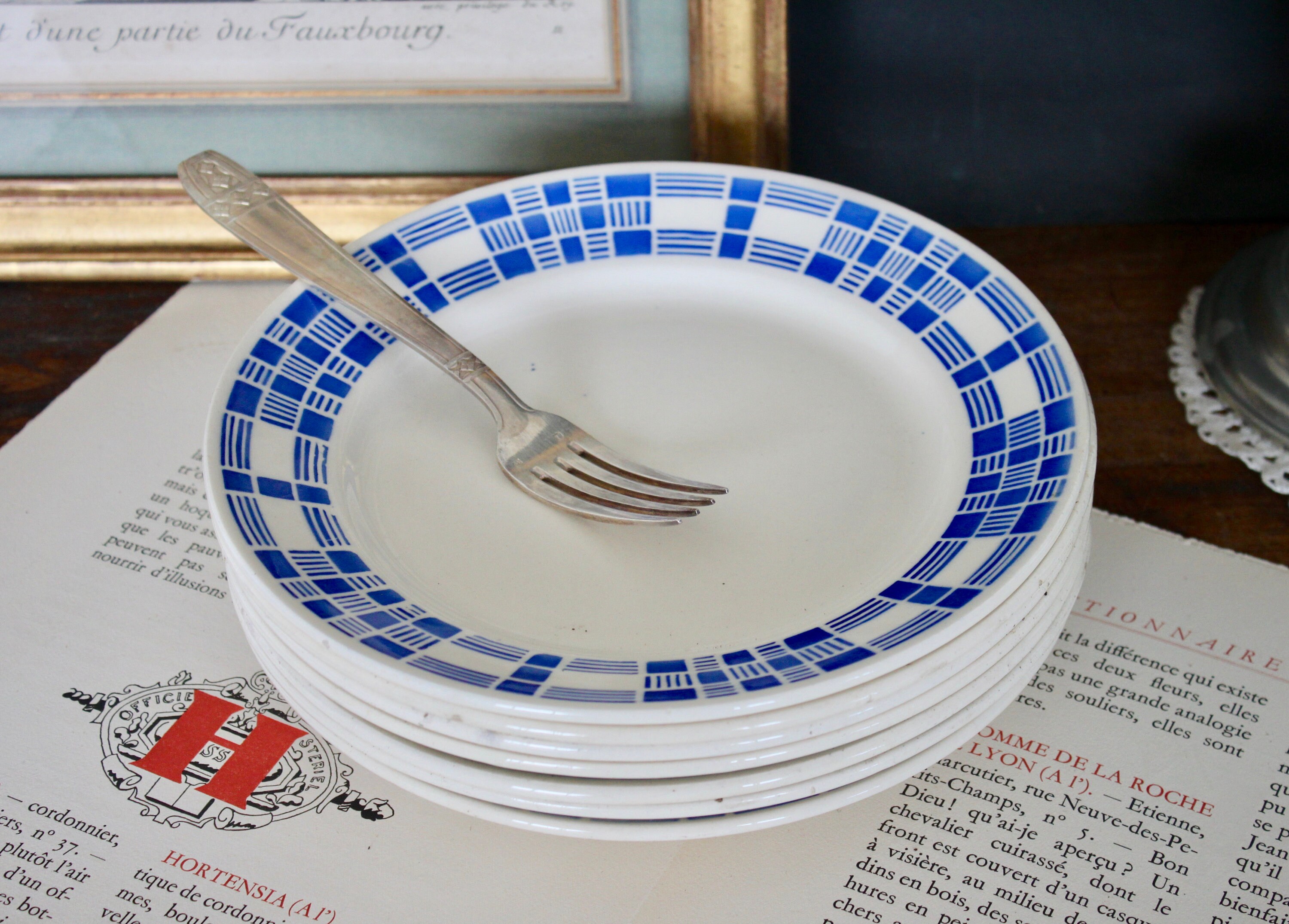 Français Antique Art Déco Badonviller Plaque à Damier Bleu & Blanc