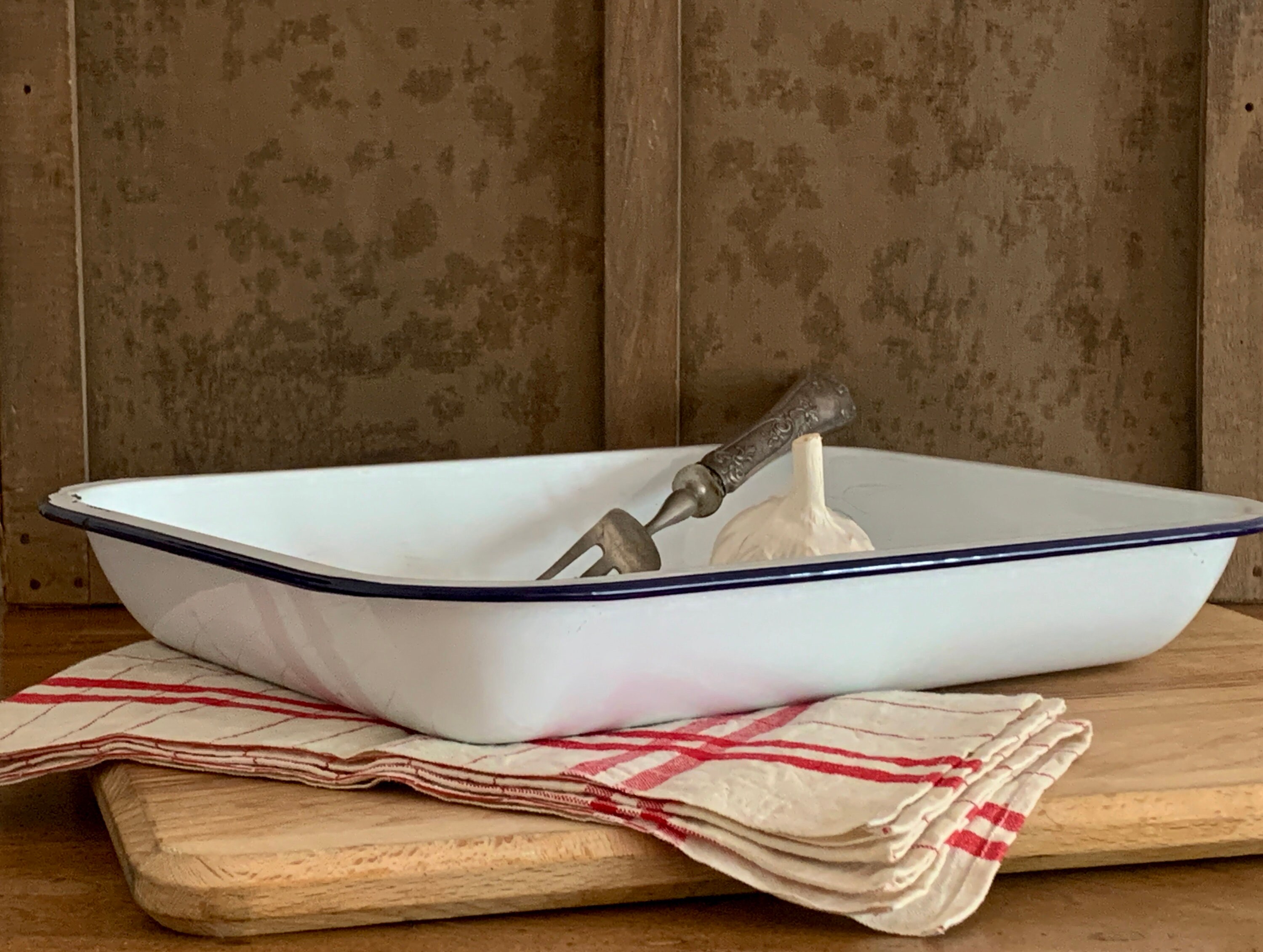 Poêle en Émail Vintage Français Grande Poêle Blanche et Bleue Rôtissoire Chippy Farmhouse Kitchen