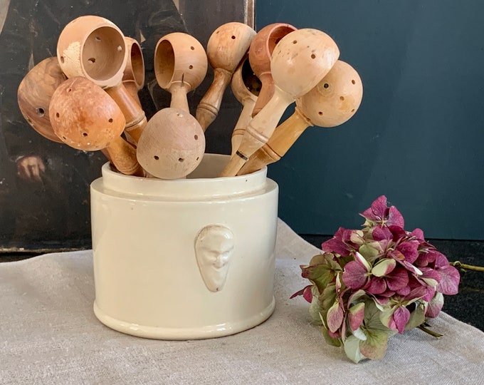 3 Vintage French Wooden Olive Draining Spoons or Scoop Provence Slotted