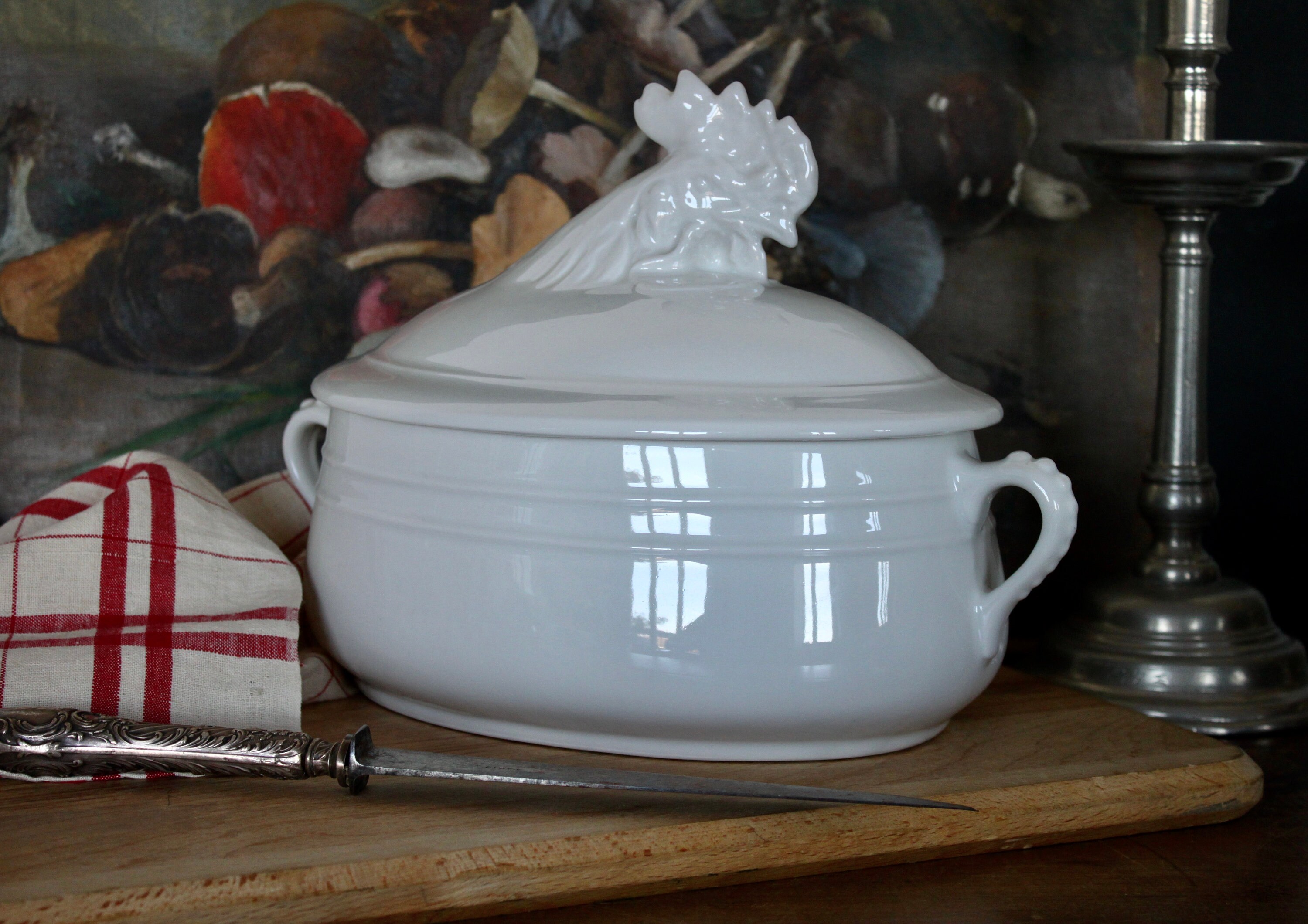 Terrine Antique Français de Pierre Fer Blanche avec Un Plat Terrine Coq Français