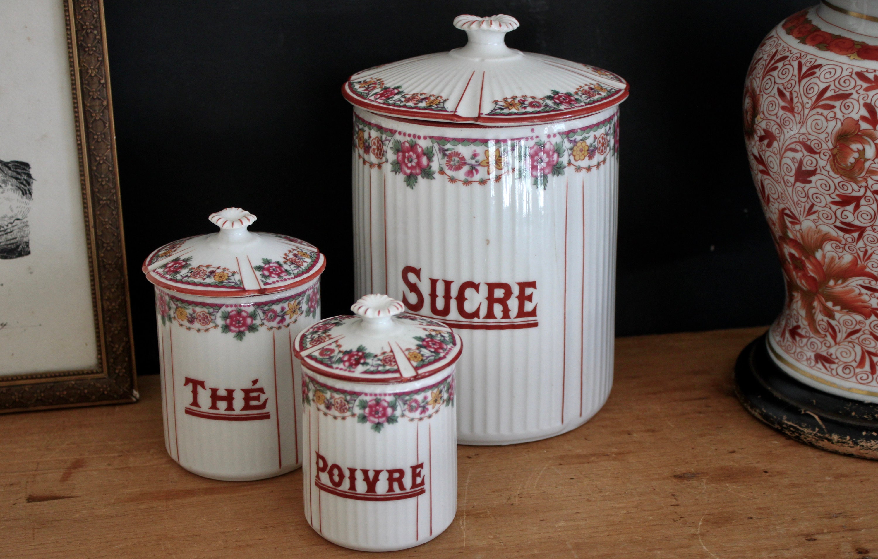 French Enamel Canisters Brown Red Containers Vintage Kitchen Canisters
