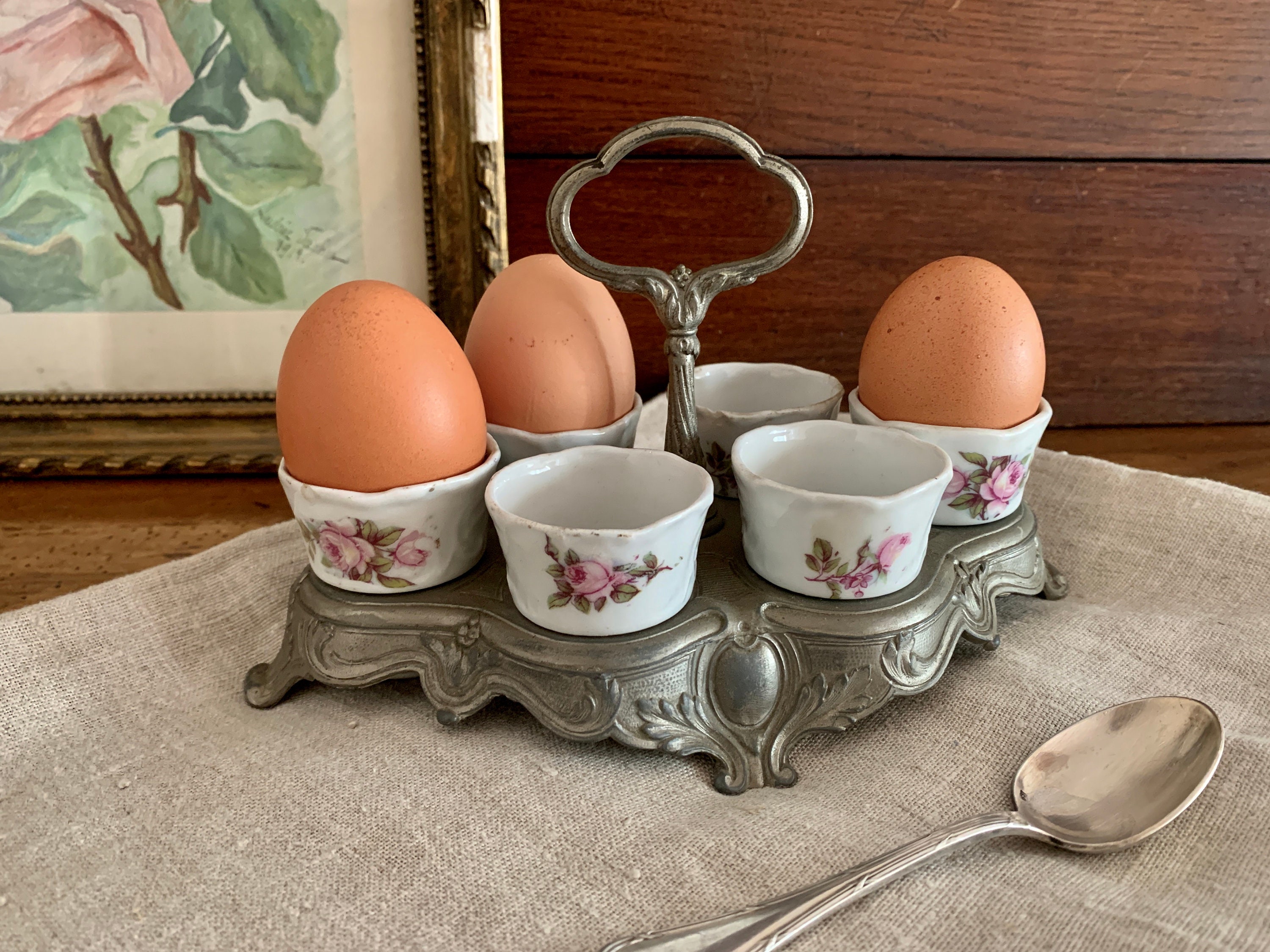 Français Porte-Gobelet d'oeufs en Porcelaine Antique Art Nouveau Breakfast Set
