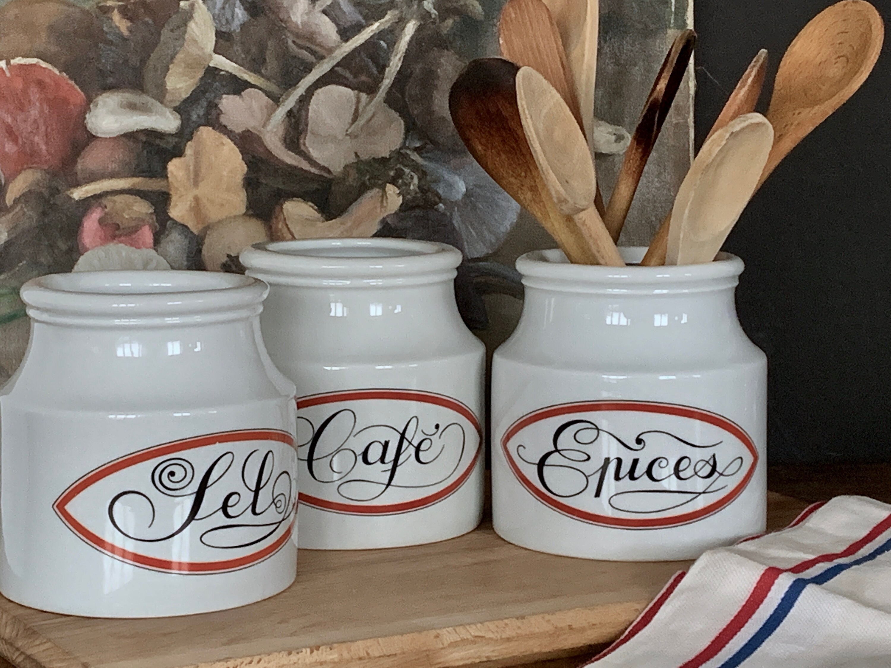 Français Vintage Porcelaine d'auteuil Jarre Blanche Ironstone Français Cuisine Bidon Utencils Jar