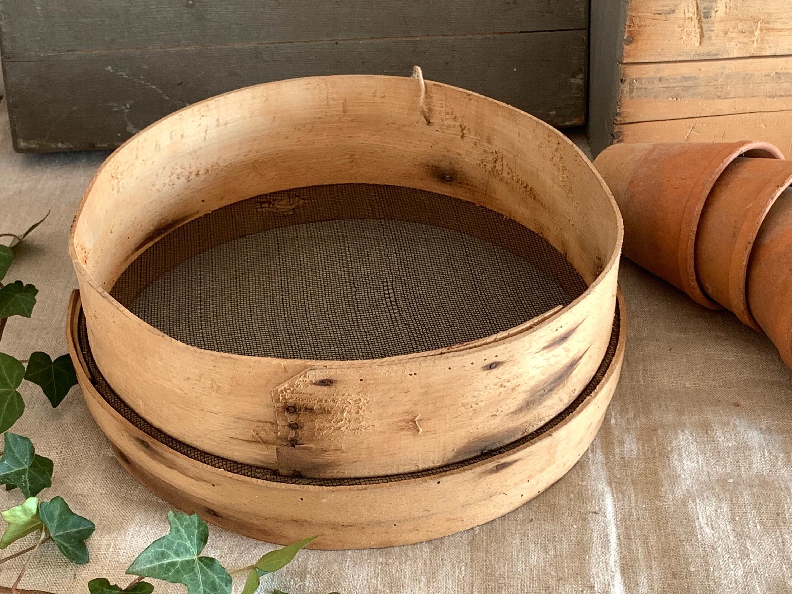 Antique Français Tamis en Bois Vintage Farine Bois et Maille Passoire Cuisine Rustique