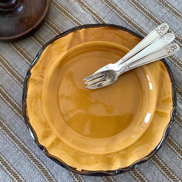 Set of 3 Vintage French Provencal Ochre Cake Plate White Scalloped Edge Plate Shabby French Plate