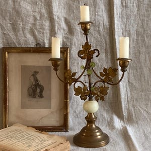 Antique French 19th Brass Candelabra With Golden Leaves  Candle Holder  Style Candle Holder