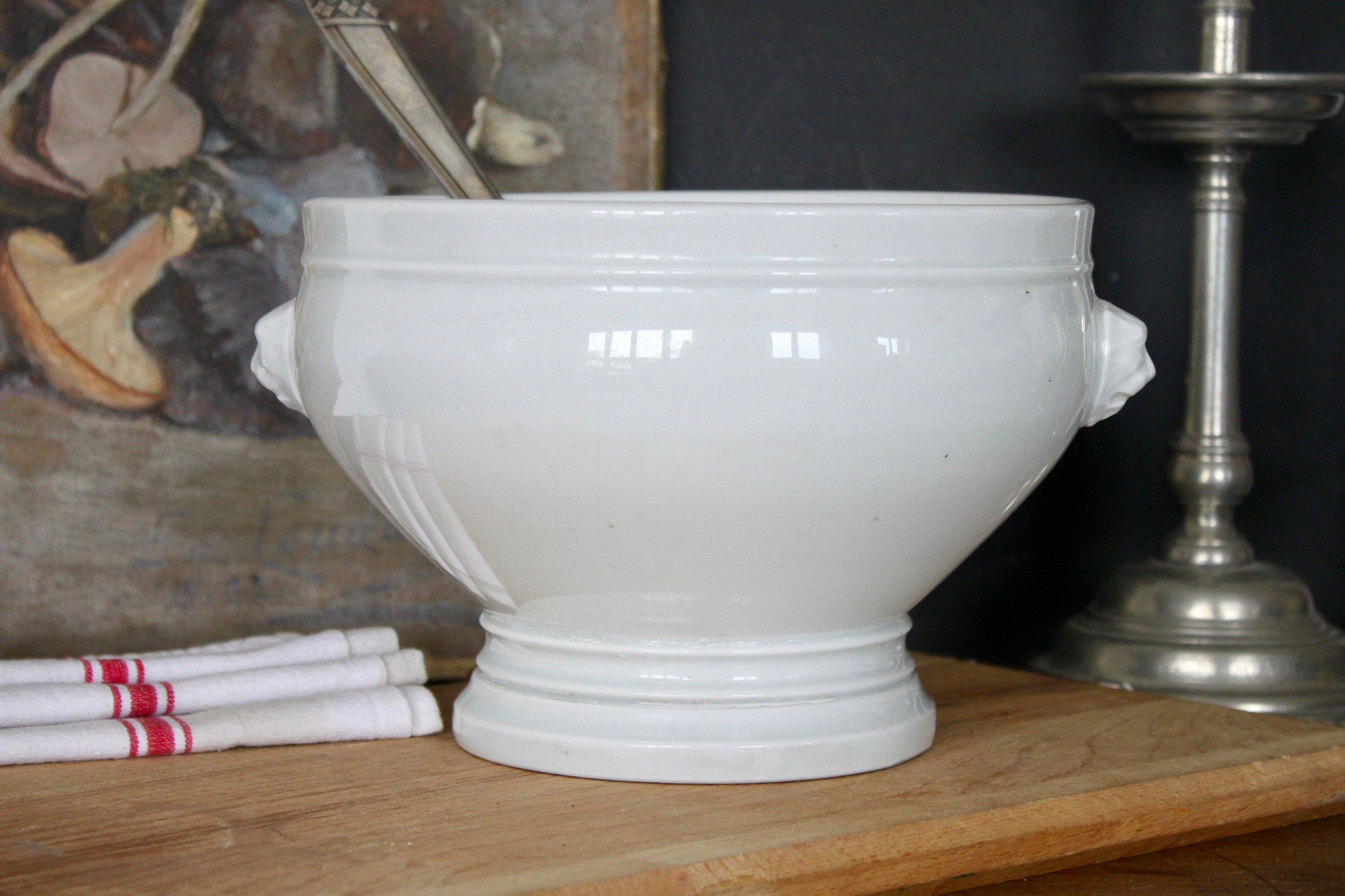 Antique Français Pillivuyt Soupe Tureen White Ironstone Bol avec Des Têtes de Lions