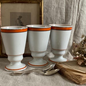3 Antique French 19th Bistro Brulot Coffee Cups Vintage Coffee Cup With Orange Stripe