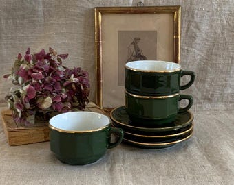 3 French Vintage APILCO Cups And Saucers Vintage French Geen & Gold Porcelain Coffee Or Espresso Cups