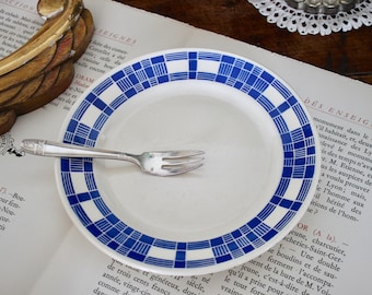 French Antique Art Deco Badonviller Cake Plate Blue & White Check Plate