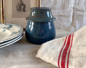 French Vintage Large Blue Terracotta Butter Keeper Rustic Glaze Dish Cooler Storage Beurrier Crock French Kitchen Potter Bowl
