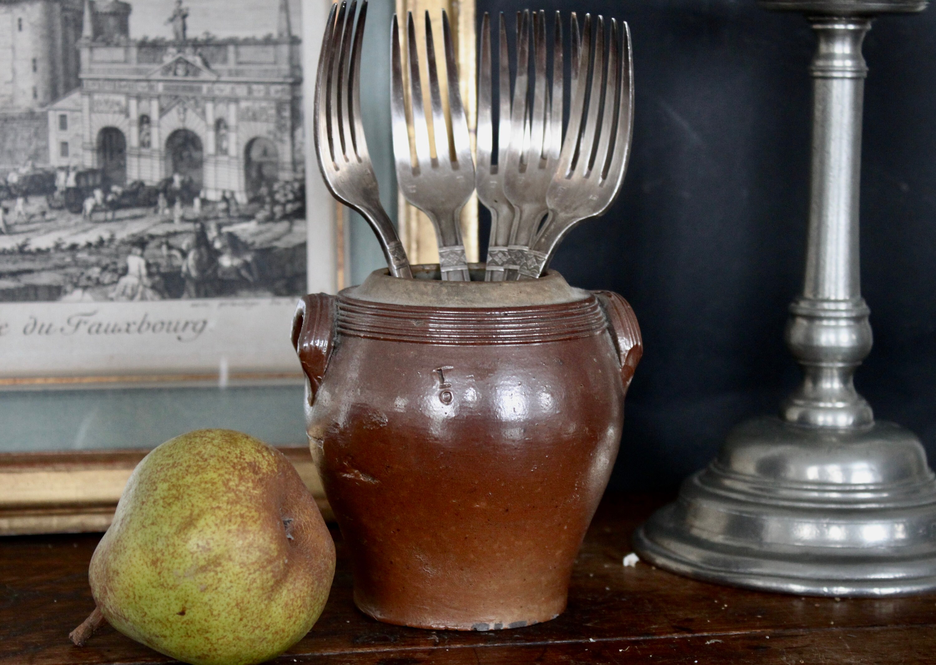 Antique Français Grès Rustique Crock Jar Terracotta Utencils Pot Primitive Émaillé