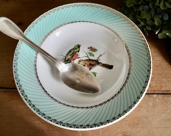 Vintage French Green and Gold Bowls With Birds Antique Mint Bowls Green Transferware