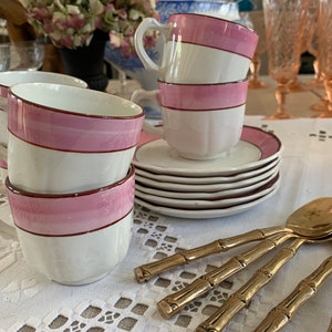 Antique French Transferware Tea Cup Set - Badonviller Pink & White