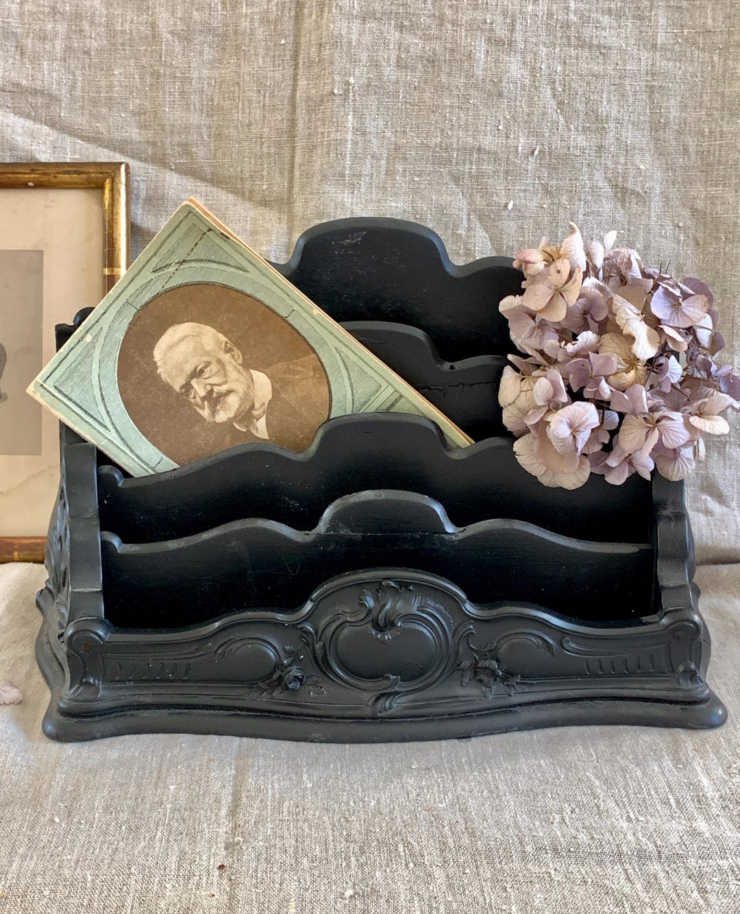 French Letter Rack Antique French Black Wood Letter Organizer: Napoleon III Desk Top Rack ...