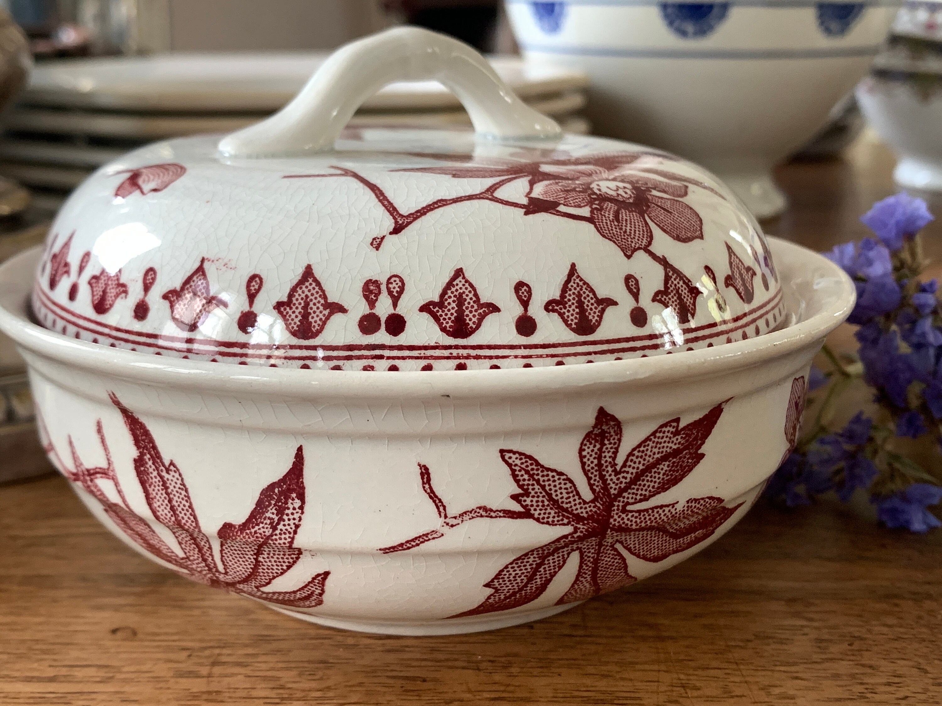 Vintage French Tureen With Lid Red Transferware Antique Bowl Etsy