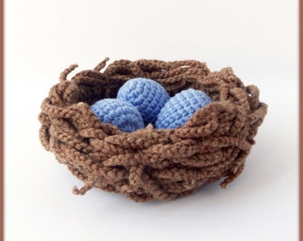 Nest Crochet Pattern, crochet bird nest with little blue eggs pdf pattern