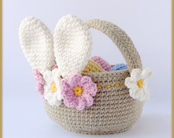 Crochet Pattern Easter basket with eggs, crochet Easter basket with bunny ears, tail and flowers