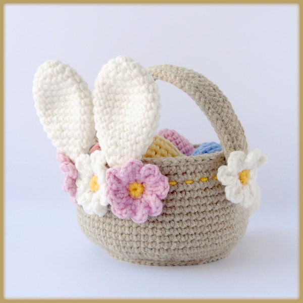 Crochet Pattern Easter basket with eggs, crochet Easter basket with bunny ears, tail and flowers