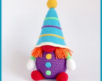 Clown Gnome Crochet Pattern, birthday gnome, party gnome pdf tutorial