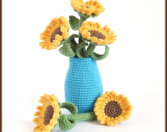 Patrón de jarrón con girasoles a crochet, patrón de girasoles a crochet, flores a crochet, patrón de jarrón a crochet