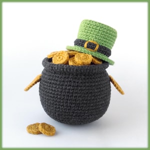 Haakpatroon pot met goud en kabouterhoed - pdf-tutorial gehaakt decor St. Patrick's Day