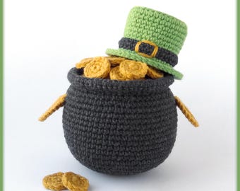 Pot of Gold and Leprechaun Hat Crochet Pattern - St Patrick’s Day decor crochet PDF tutorial