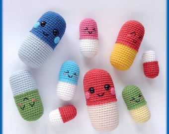Amigurumi Pills Crochet Pattern, 4 pill sizes in 1 crochet pattern, crochet pills pattern, cute crochet amigurumi pill, blue pill, red pill