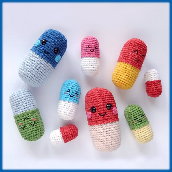 Amigurumi Pills Crochet Pattern, 4 pill sizes in 1 crochet pattern, crochet pills pattern, cute crochet amigurumi pill, blue pill, red pill