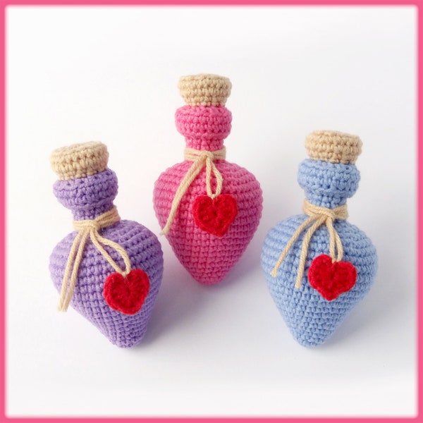 Patrón de crochet Botella de poción de amor, patrón de poción de amor a crochet, botella de crochet con poción de amor, poción mágica de crochet para el día de San Valentín