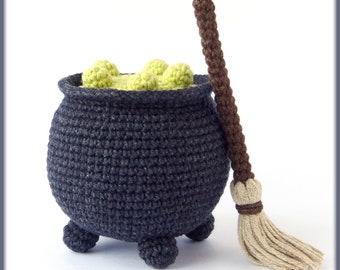 Witch Cauldron with Green Potion and Magic Broom Halloween amigurumi Crochet Pattern