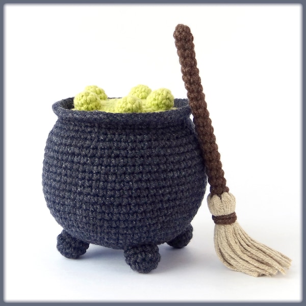 Witch Cauldron with Green Potion and Magic Broom Halloween amigurumi Crochet Pattern