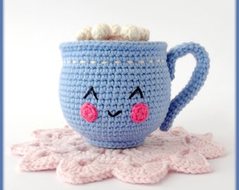 Cute kawaii Crochet Cup of Hot Chocolate or Hot Cocoa with Marshmallows, amigurumi cup crochet pattern, play food crochet pattern