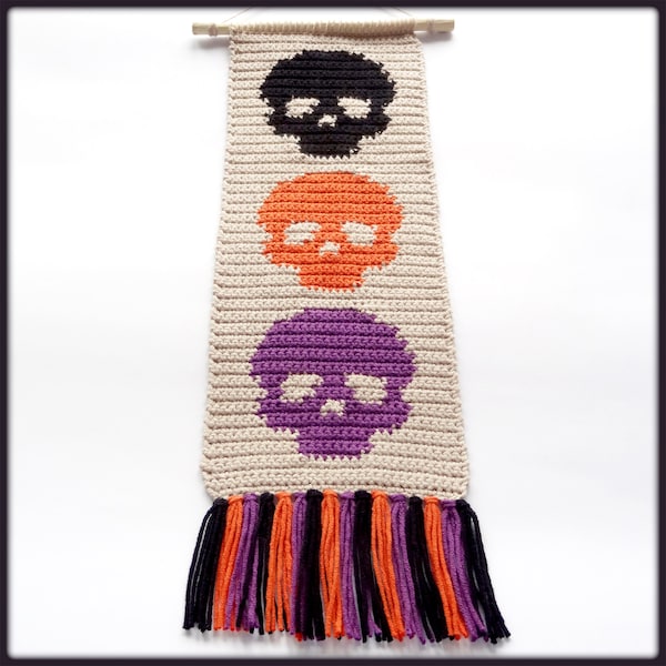 Crochet Pattern Halloween Skulls wall hanging home decor