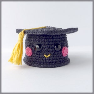 Peut inclure: Un bonnet de graduation en crochet noir avec un pompon jaune, des joues roses et des yeux noirs.