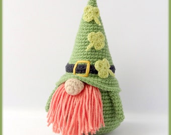 Crochet Pattern Leprechaun Gnome with shamrocks, St Patrick's Day gnome crochet decoration