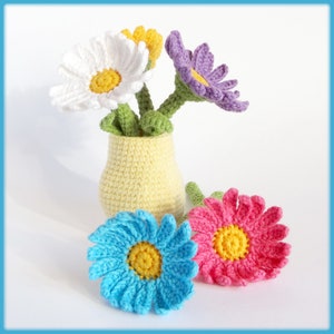 Daisy Crochet Pattern, crochet daisy pattern, crochet flower pattern, crochet vase with flowers, daisy flower crochet pattern
