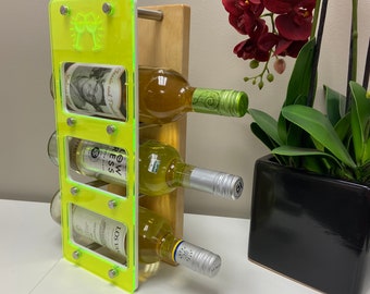 Compact Modern Countertop Wine Rack ~ 15x6 Wooden Tabletop Style ~ Etched Toasting Glasses~ Holds 3 Bottles