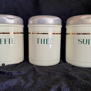 Emaille Voorraadblikken, Koffie, Suiker en Thee, Set van 3