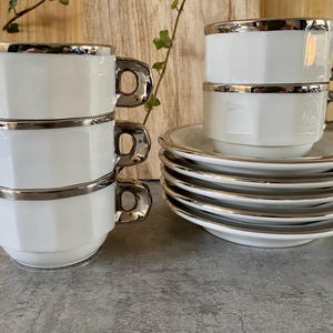 Pillivuyt France Porseleinen Bistro Kop en Schotel Wit/Zilver, Set van 5