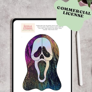 May include: A digital image of a stained glass pattern featuring a ghost face design. The pattern is displayed on a tablet and includes the text "AKALA STUDIOS" and "COMMERCIAL LICENSE". The design has a rainbow iridescent effect with a red optional cut line.