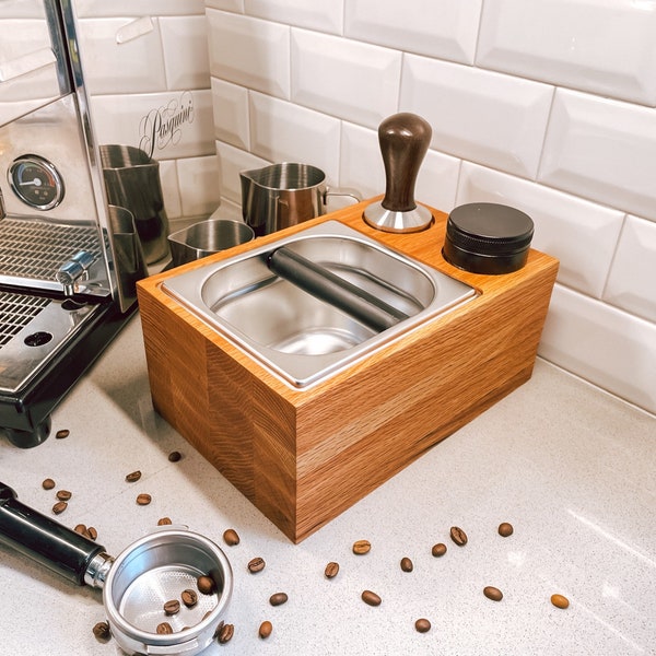 Espresso Coffee Knock Box Station with Cutouts for Temper and Distributor Tool Red Oak