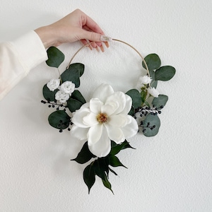 Bridesmaid hoop Magnolia Bouquet, flower girl basket, wreath bouquet white floral