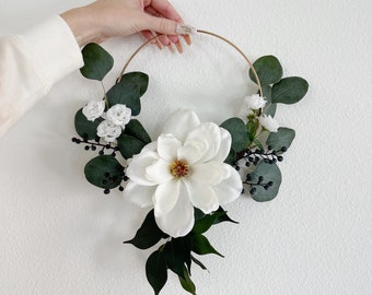 Bridesmaid hoop Magnolia Bouquet, flower girl basket, wreath bouquet white floral