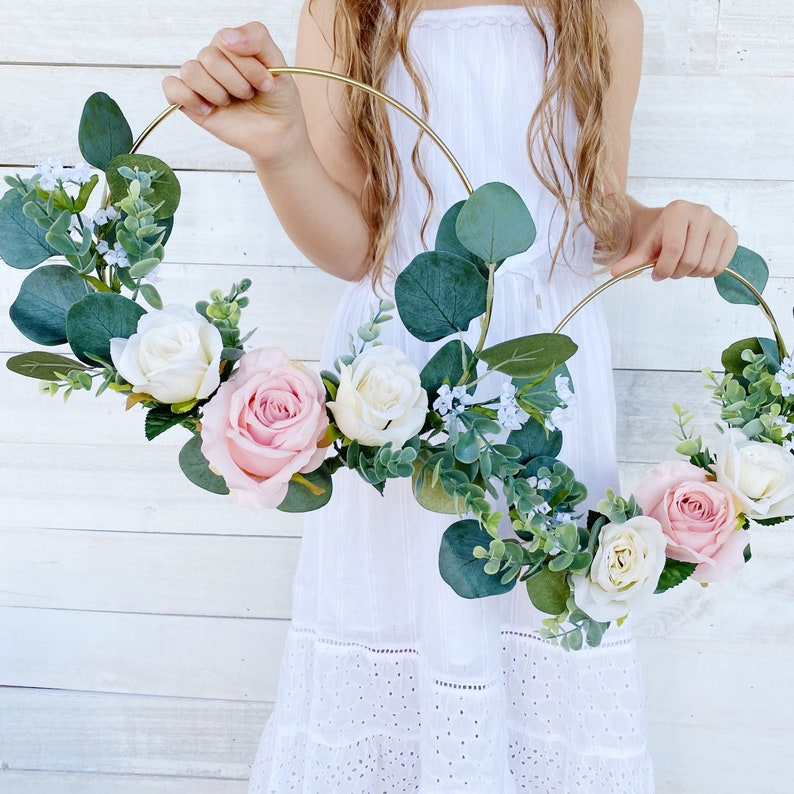 flower girl basket, bridesmaid hoop bouquet, wreath bouquet, light dusty rose bouquet, light cream rose image 1